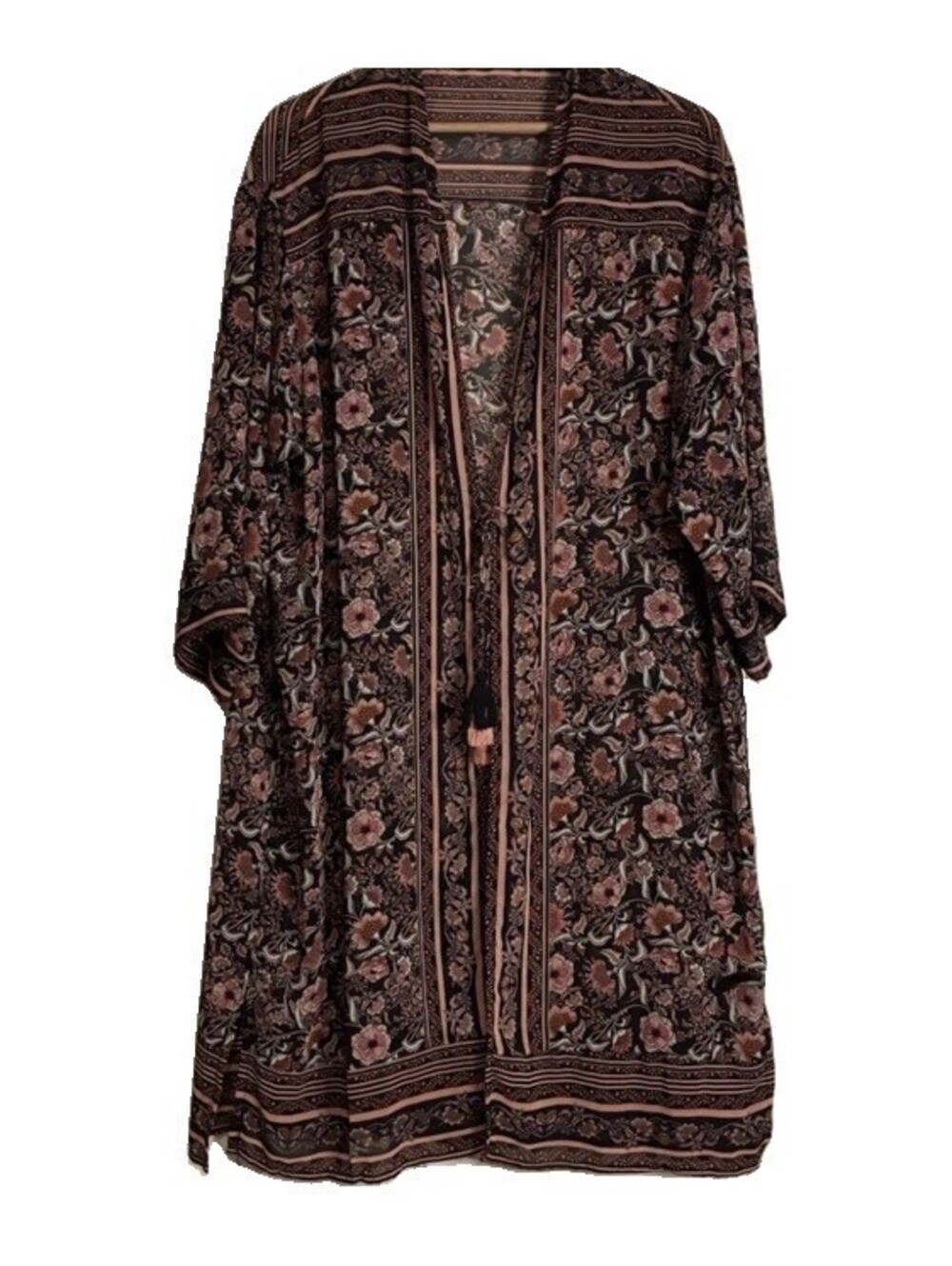 Xhilaration Boho Sheer Festival Floral Kimono with Tassels Tie Closure Small